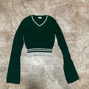 Garage Dark Green V-Neck Crop Sweater with Cream Trim
